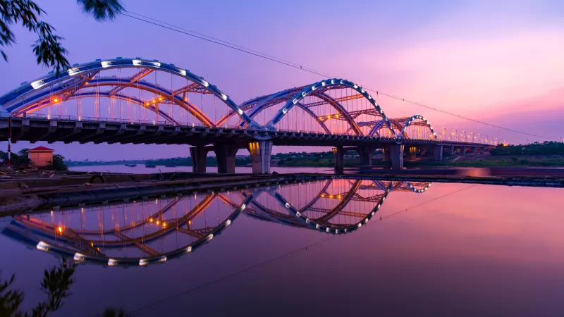 Arch bridge at sunset, River reflection, Vietnam, 5K wallpaper