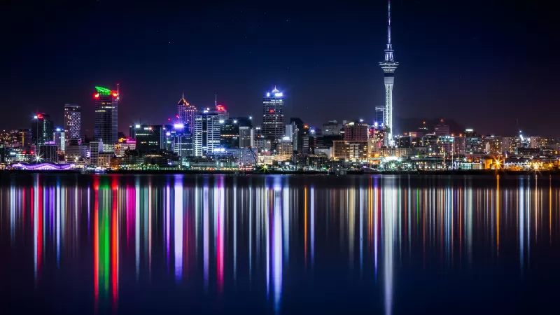Auckland, Cityscape, Night, City lights, Reflection, Urban, New Zealand