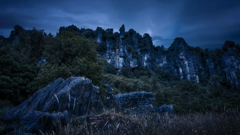 Piopio limestone cliffs, New Zealand, Blue hour, 4K wallpaper