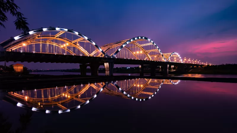 Dragon Bridge, City lights, Night, Reflection, Arch bridge, Hàn River, Vietnam, 5K