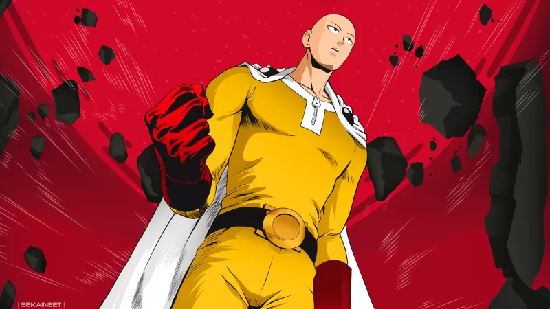 Saitama 4K, One Punch Man, Red background