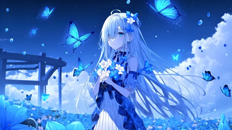 Anime girl, Butterflies, Blue background, 5K