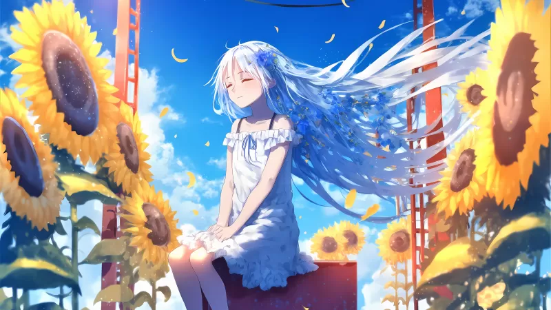 Happy girl, Sunflowers, Anime girl, Sunny day, 5K