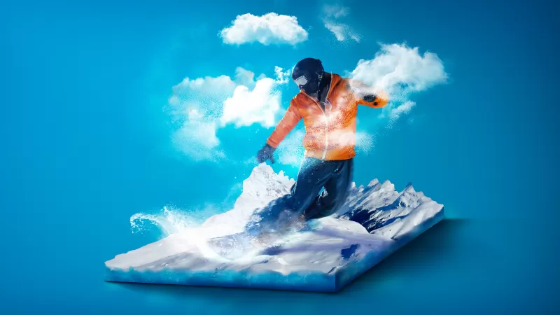 Snowboarding, Surreal wallpaper, Blue background