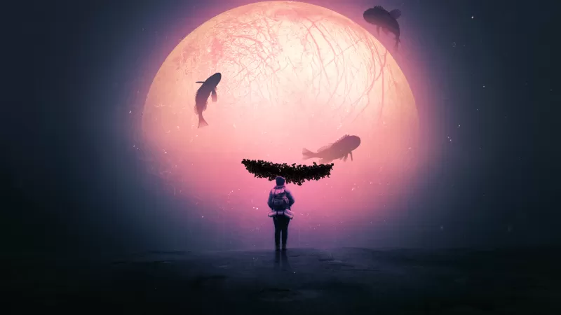 Alone, Surreal, Dream, Fishes, Moon, Travel, Explorer