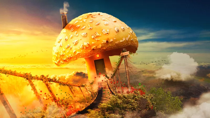 Mushroom house, Surreal, Bridge, Dream, Fantasy, Clouds