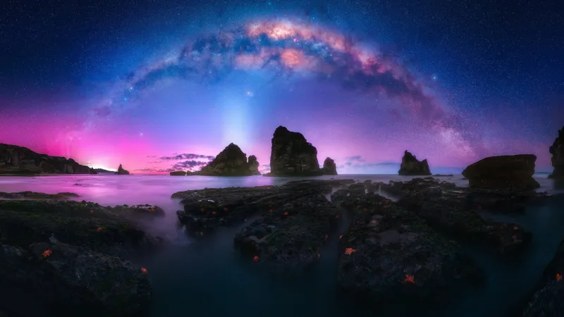 Milky Way HD, Colorful Sky, Rocky shore