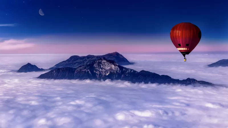Hot air balloon, Above clouds, Mountains, 5K