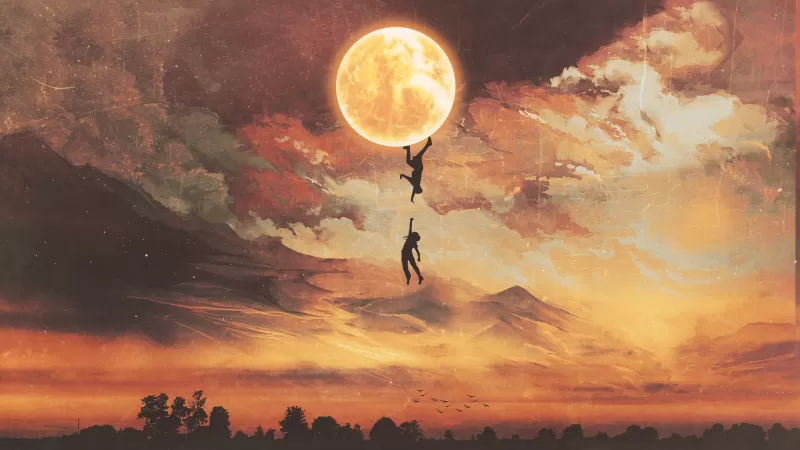Moon, Falling, Couple, Silhouette, Surreal