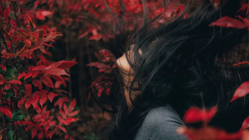 Woman in red leaves wallpaper, Moody portrait, Autumn