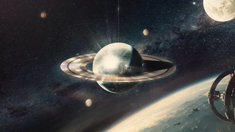 Saturn, Solar system, Moon, Surreal, 5K, Planets