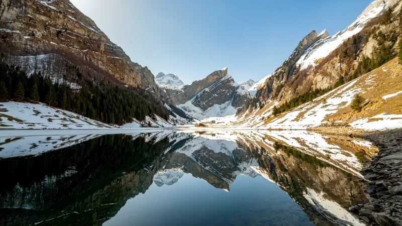 Seealpsee, Alpstein, Mirror reflection, 5K wallpaper