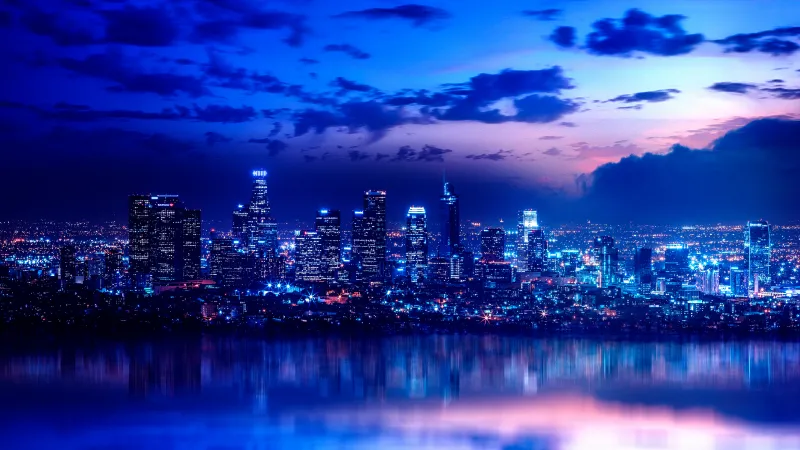 Los Angeles City 4K, City lights, City Skyline, Night City, Neon background