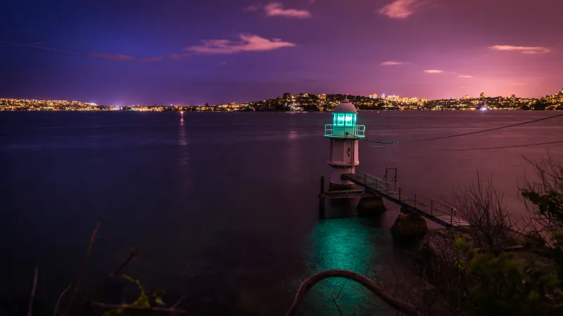 Sydney Harbour, Lighthouse, Australia, Dusk, City lights, Night City, 5K