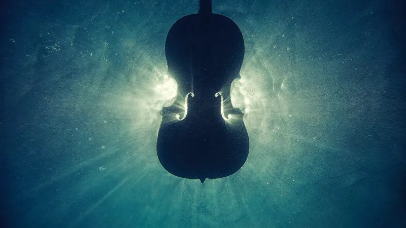 Underwater violin silhouette, Sun rays, Teal, 5K wallpaper