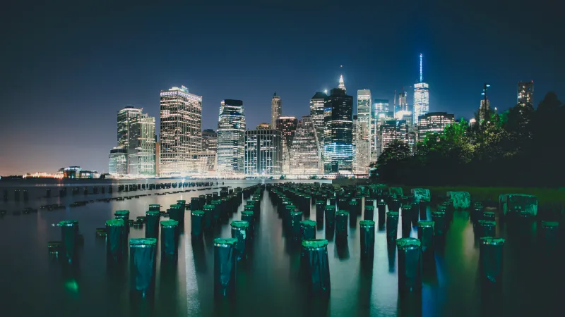 New York City, Skyline, Night, Illuminated, City lights, Urban, Cityscape, Manhattan Skyline, 5K, 8K