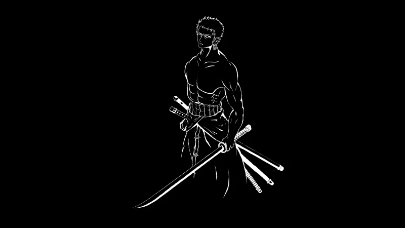 Roronoa Zoro, One Piece, Pirate Hunter, Black background, Minimalist, 5K