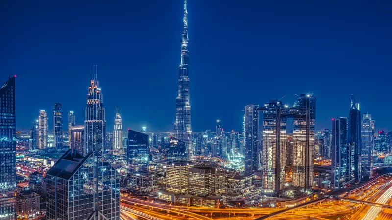 Burj Khalifa, Dubai, Skyscraper, Cityscape, Skyline, Modern architecture, Night, City lights, Metropolitan, Urban