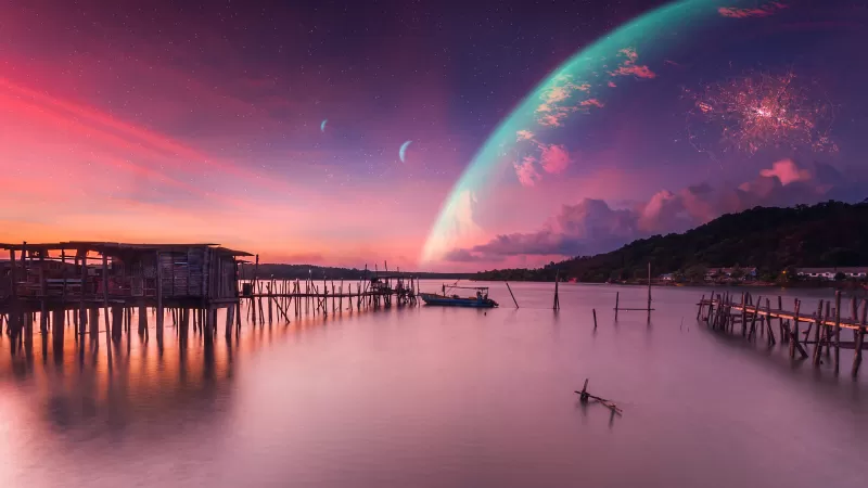Surreal pink sunset, Giant planet, Wooden pier, 4K wallpaper