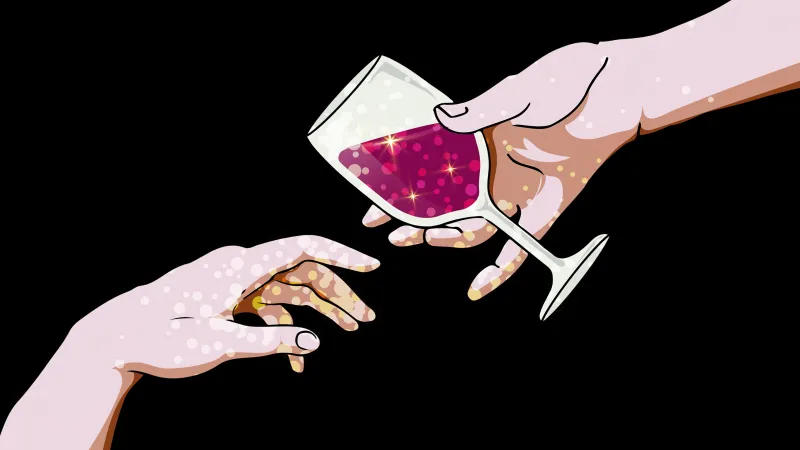 Sharing wine, Black background, Glitter wine, Pink wine