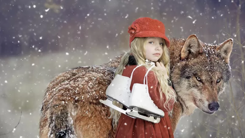 Cute Girl, Wolf, Snowfall, Winter, Pet, 5K