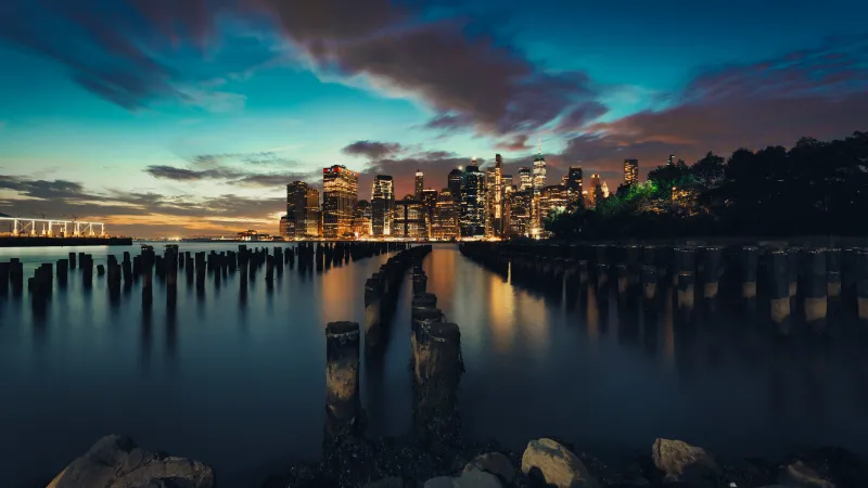 New York skyline wallpaper, Brooklyn pier pilings, Long exposure