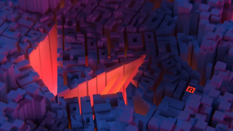 AMD Radeon 3D city, Red glow, Blue blocks, 4K wallpaper
