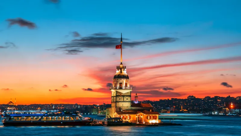Maiden's Tower, Istanbul, Bosphorus sunset, 5K wallpaper