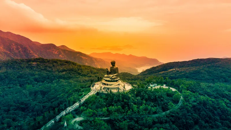 Buddha Statue Tian Tan Buddha, The Big Buddha, Hong Kong, Aerial view, Giant Buddha, Ngong Ping, Lantau Island