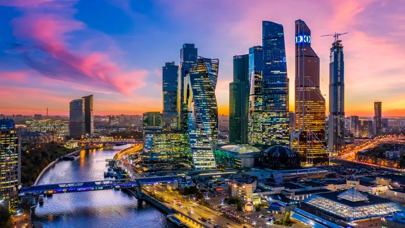 Moscow City skyline, Moskva River, Pink sunset, 5K wallpaper