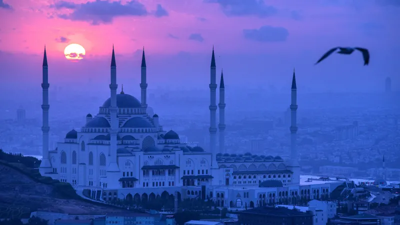 Blue Mosque, Istanbul, Sunset, Sultan Ahmed Mosque, Turkey, Ancient architecture, 5K, Sunset