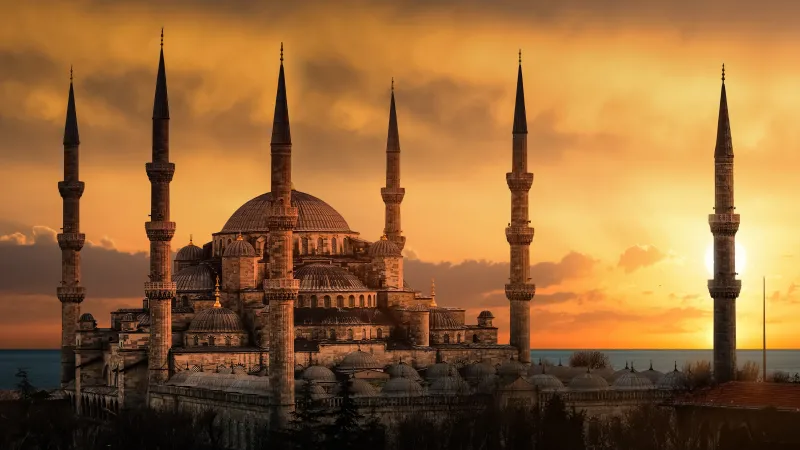 Blue Mosque, Sultan Ahmed Mosque, Istanbul, Turkey, Ancient architecture, 5K, 8K, Sunset