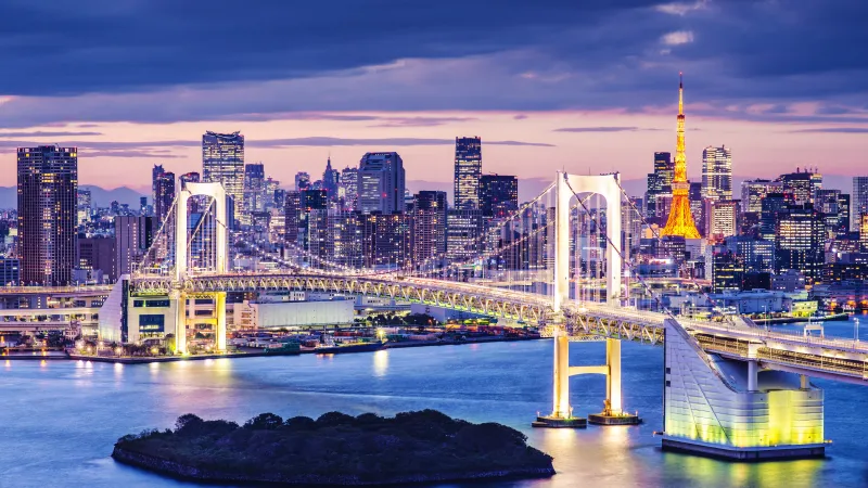 Rainbow Bridge Japan, Twilight, Cityscape, City lights, 5K