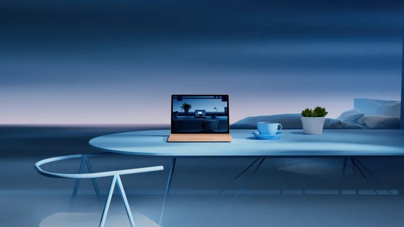 Laptop, Windows 11, Aesthetic interior, Blue aesthetic, Work from Home, Workspace