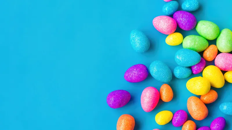 Easter eggs, Colorful eggs, Sky blue, Cyan background, 4K
