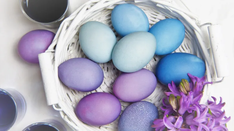 Easter eggs, Purple, Blue, Basket, 4K