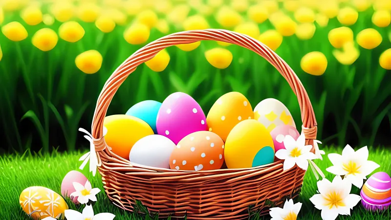 Basket of Easter eggs QHD, Colorful background