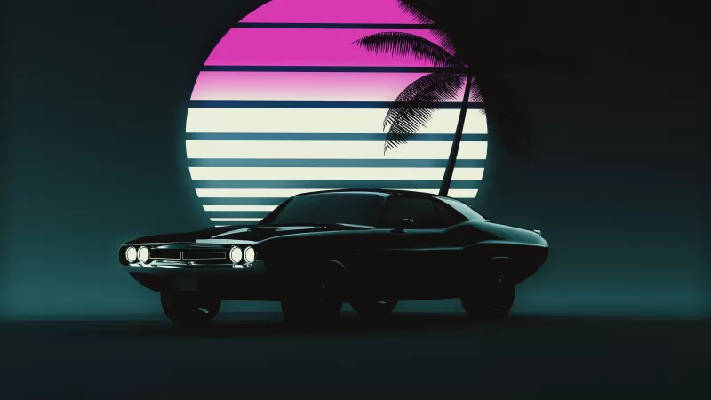 Muscle car, Retro, Vintage car, Sunset, Neon, 5K, Dark background