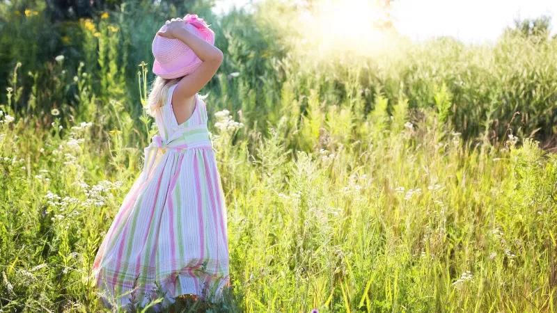 Little girl in meadow wallpaper, Summer day, Pink hat