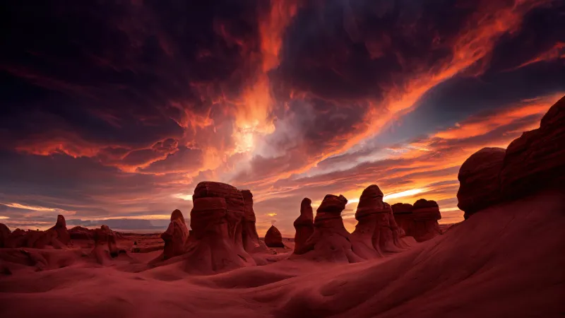 Red rock hoodoos wallpaper, Fiery sky, Desert sunset