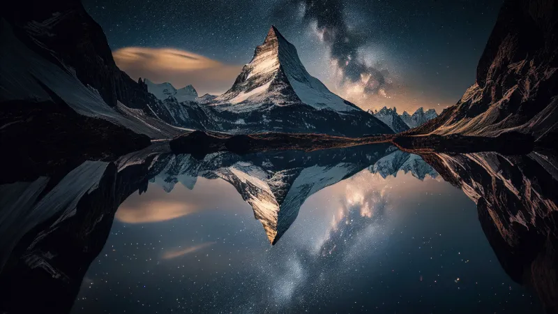 Matterhorn, Milky Way, Night reflection, 8K wallpaper