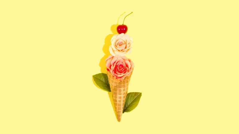 Rose flowers, Ice cream cone, Yellow background, Cherry fruits, Leaves, 5K