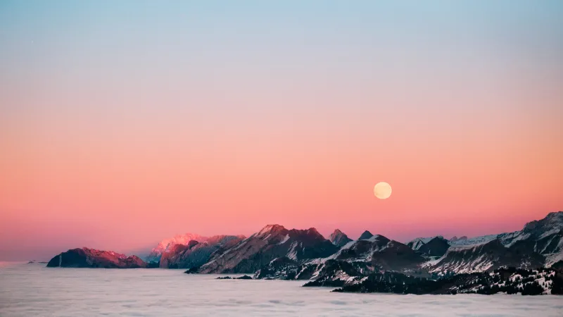 Fronalpstock moonrise wallpaper, Sea of fog, Pink dusk