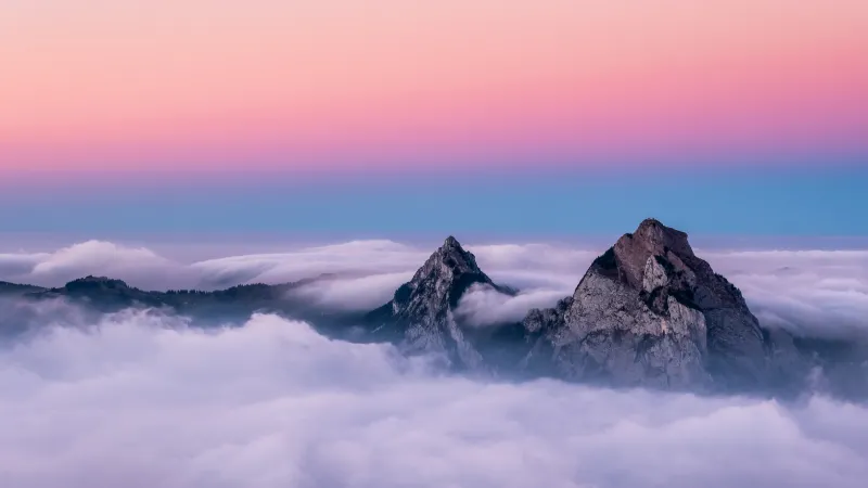 Mythen peaks above clouds, Pink sky, Switzerland, 5K wallpaper