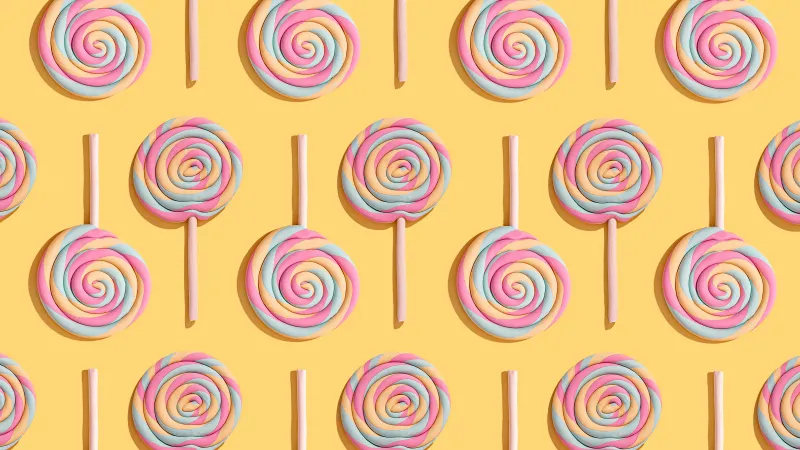 Lollipop, Pattern, Yellow background, Multicolor, Spiral, Aesthetic, 5K