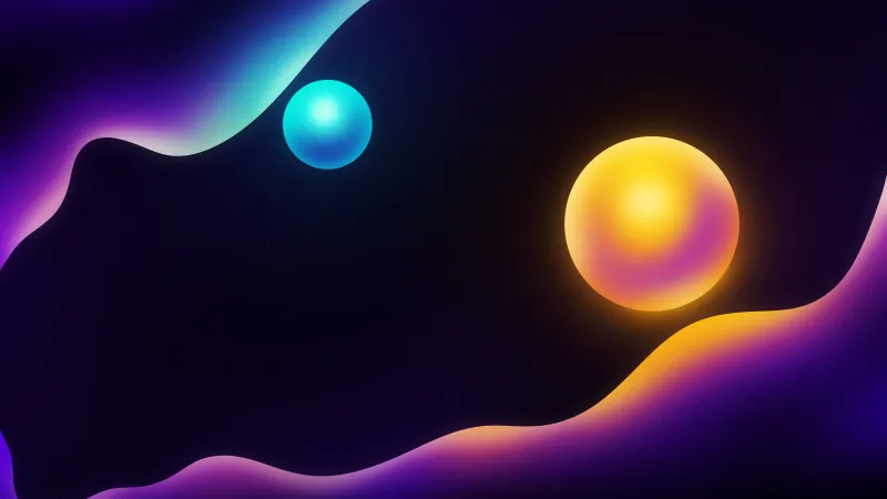 Glowing spheres, Purple waves, Digital art, 5K wallpaper
