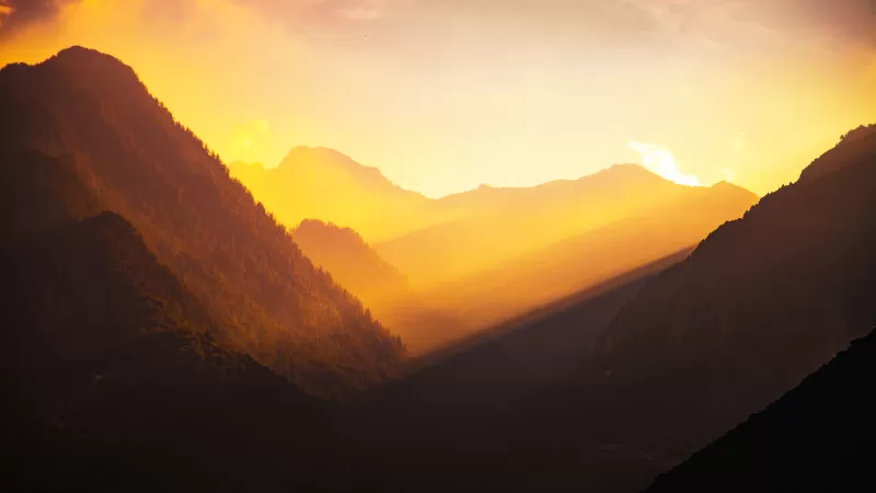 Mountain silhouettes, Golden hour valley wallpaper, Sun rays