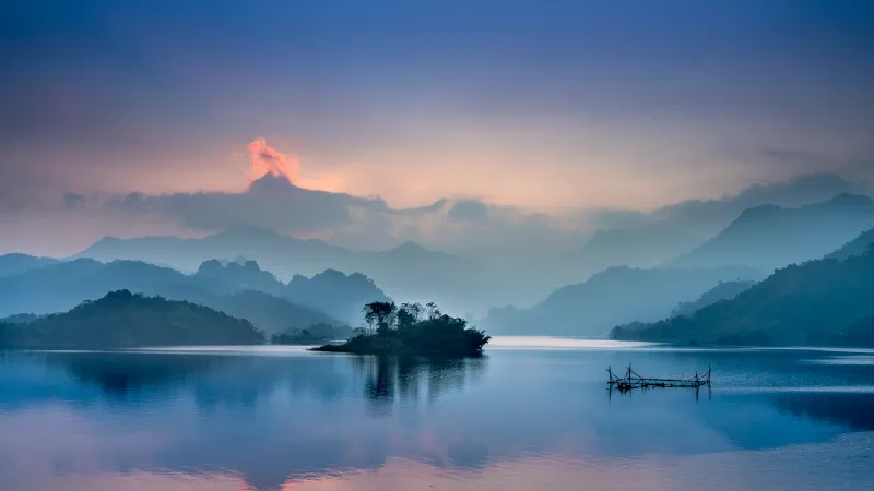 Misty lake islands, Blue mountains, Pink dawn, 8K wallpaper