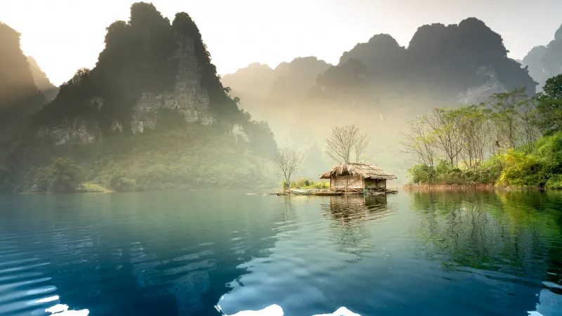 Cheow Lan Lake wallpaper, Floating hut, Karst cliffs