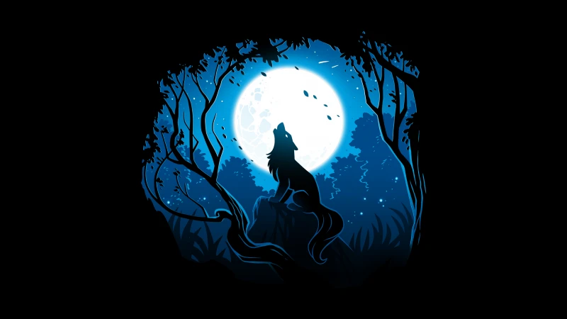 Howling wolf, Moon, Forest, Silhouette, Black background, 5K, 8K